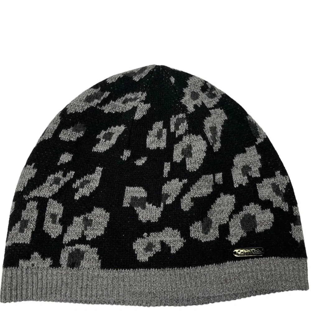 Calvin Klein Black Gray Animal Print Beanie One Size Acrylic Knit Skully Hat